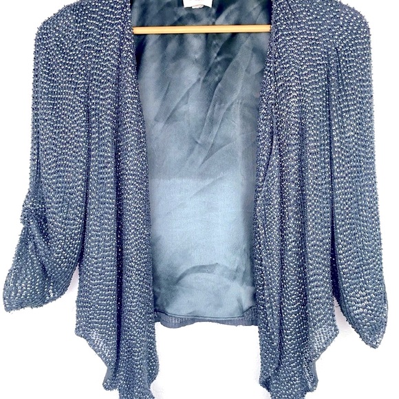 Parker Silk Beaded Draped Asymmetrical Open Front Jacket Blazer Duster - Picture 9 of 16